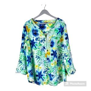 JM Collection Linen women’s top V-Neck  floral print blouse Size Plus 20W